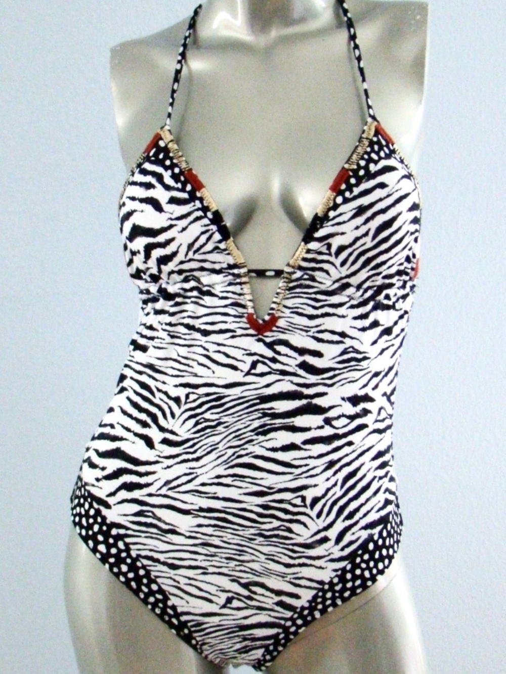 Victoria's Secret Zebra Strappy T-Back One Piece Halter Plunge Swim Suit S